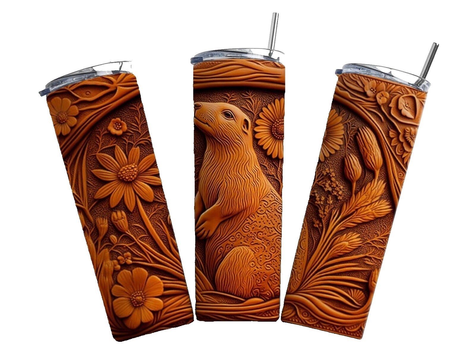 Tooled Leather Look Prairie Dog  20oz Tumbler Insulated Travel Tumblr