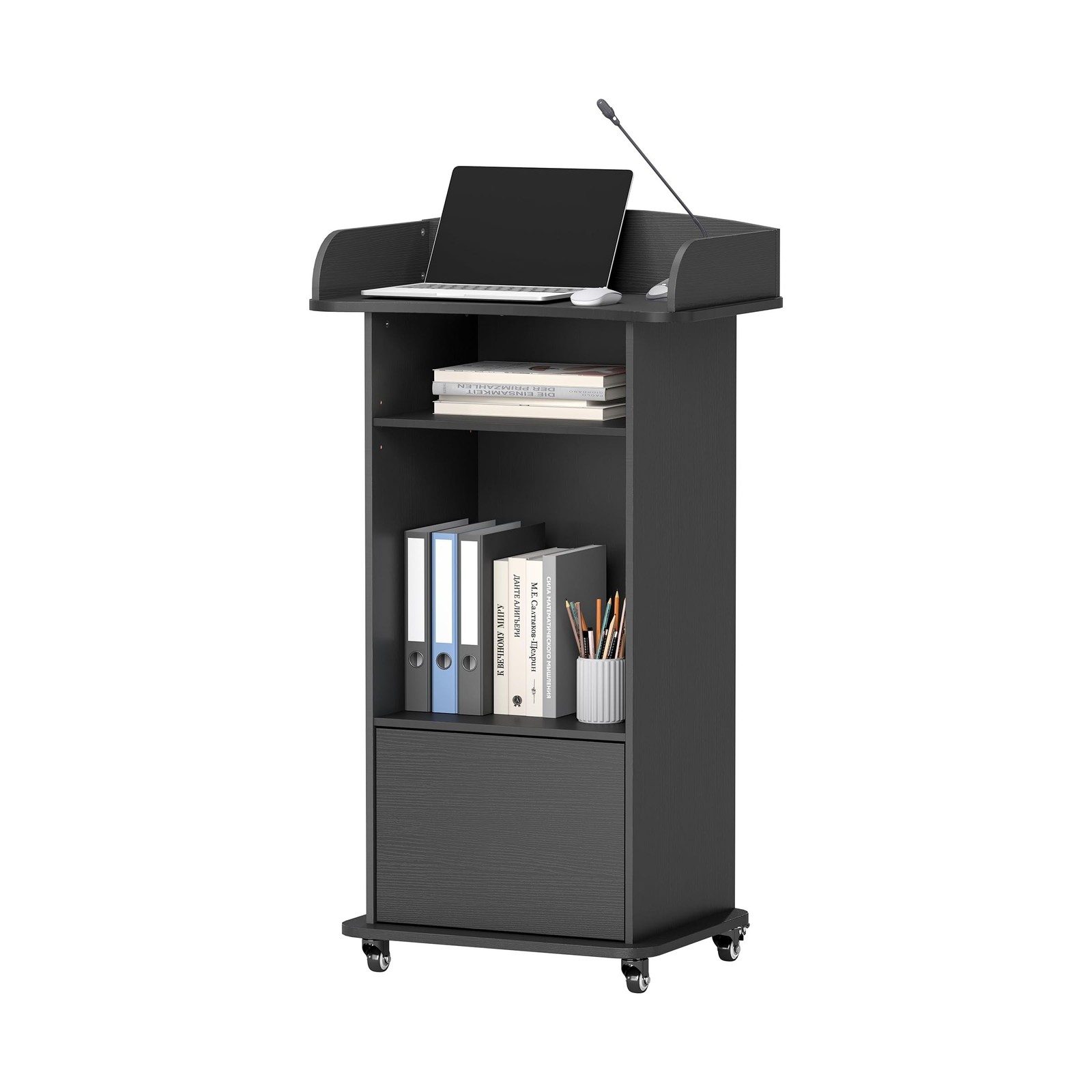 Portable Podium Stand with 4 Metal Wheels, Mobile Lectern Stand with Storage ...
