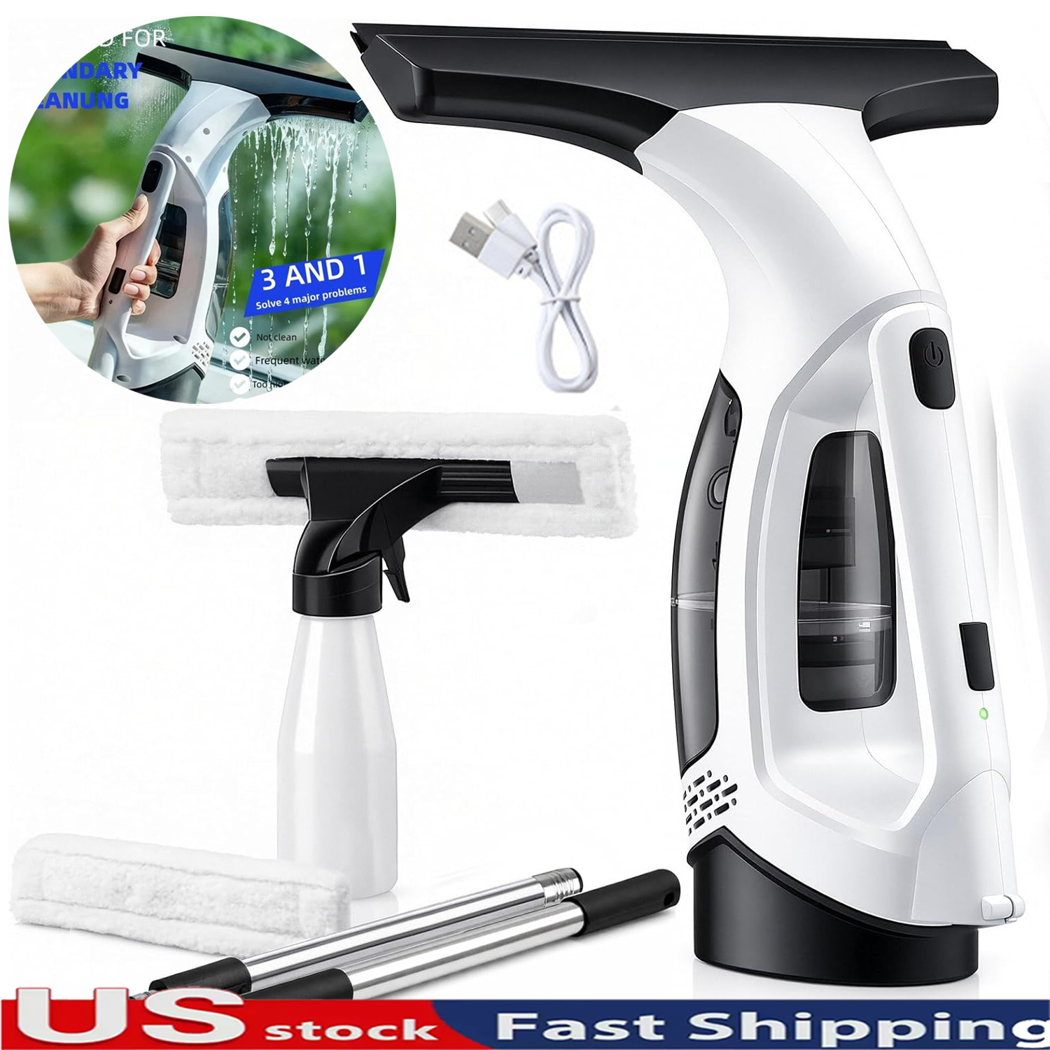 Window Vacuum Squeegee Cordless,2000Pa Window Vacuum Cleaner with Extension Pole