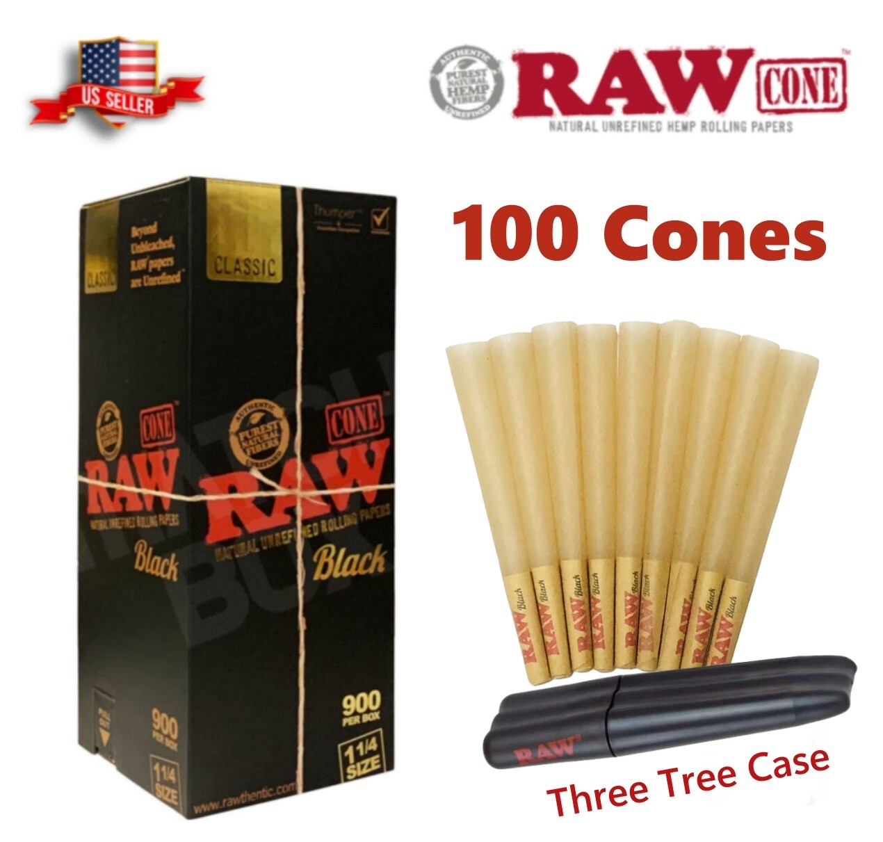 Authentic RAW Black 1 1/4 Size Pre-Rolled Cone 100 Pack & Three Tree Case
