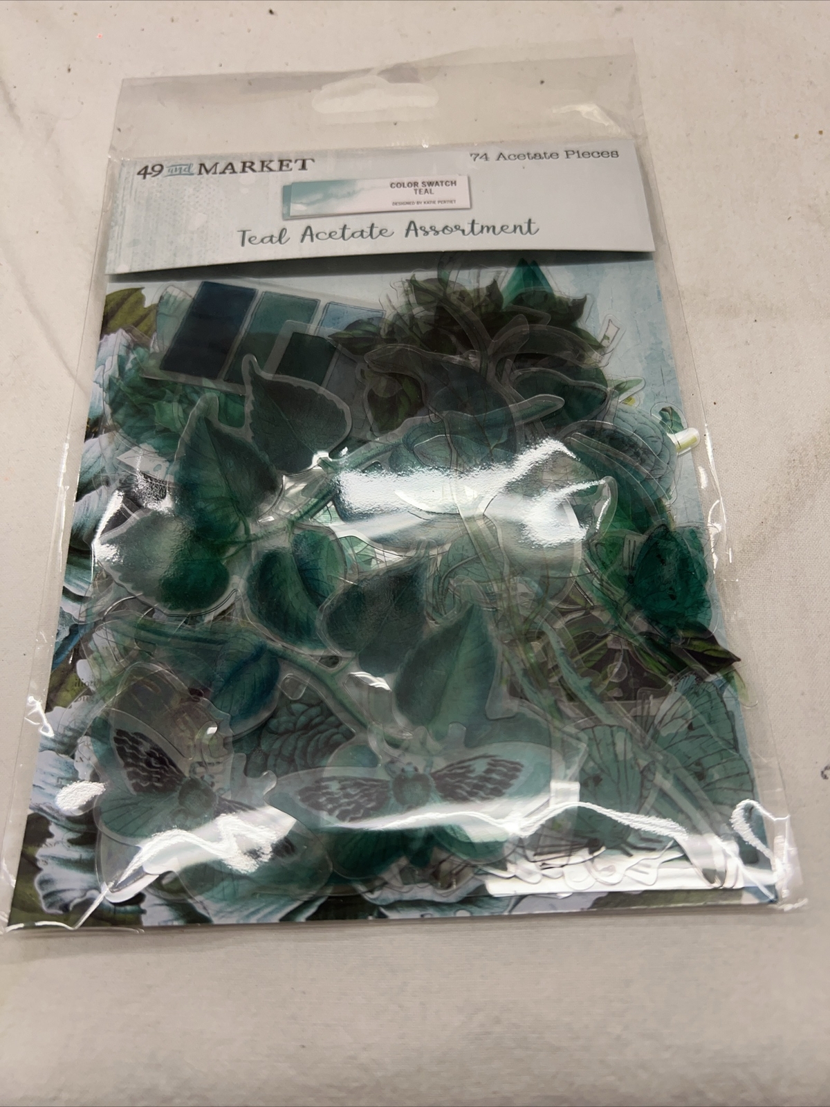 49 & Market Teal Color Swatch Acetate Assortment 74 Pcs Leaves Butterflies Flora