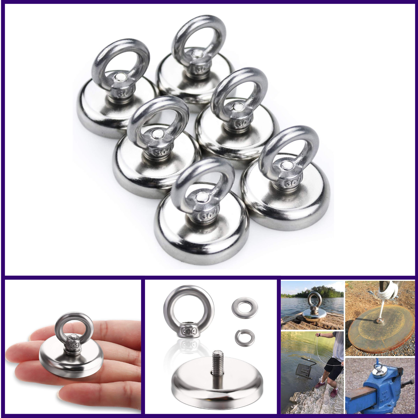 Strong Neodymium Fishing Magnets 6 Pack, 100 lbs(45KG) Pulling Force Earth Magne