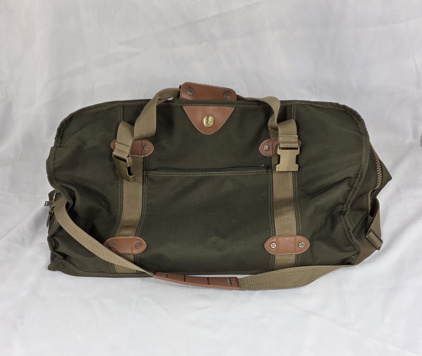 Adolfo Travel Bag Duffle Green Canvas Leather Trim 24 x 11 x 14