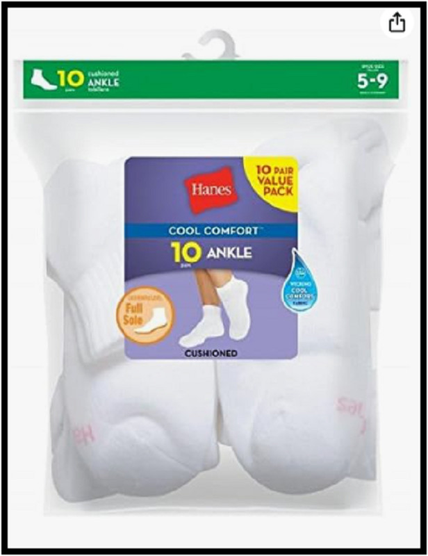 Hanes womens 10-pair Value Pack Ankle athletic socks White 5 9 US