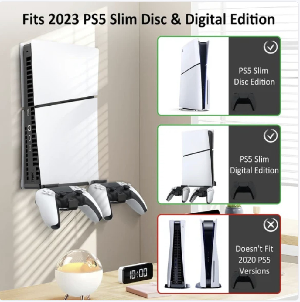 PS5 Slim Wall Mount Steel Bracket with Dual Controller Holders Disc Digital 2023