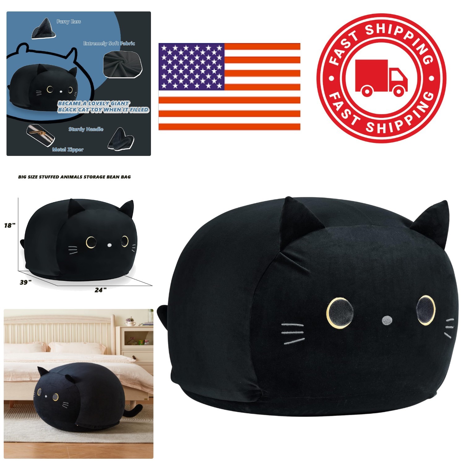 Comfortable Black Cat Bean Bag Chair Cover with Zipper for Stuffed Animals
