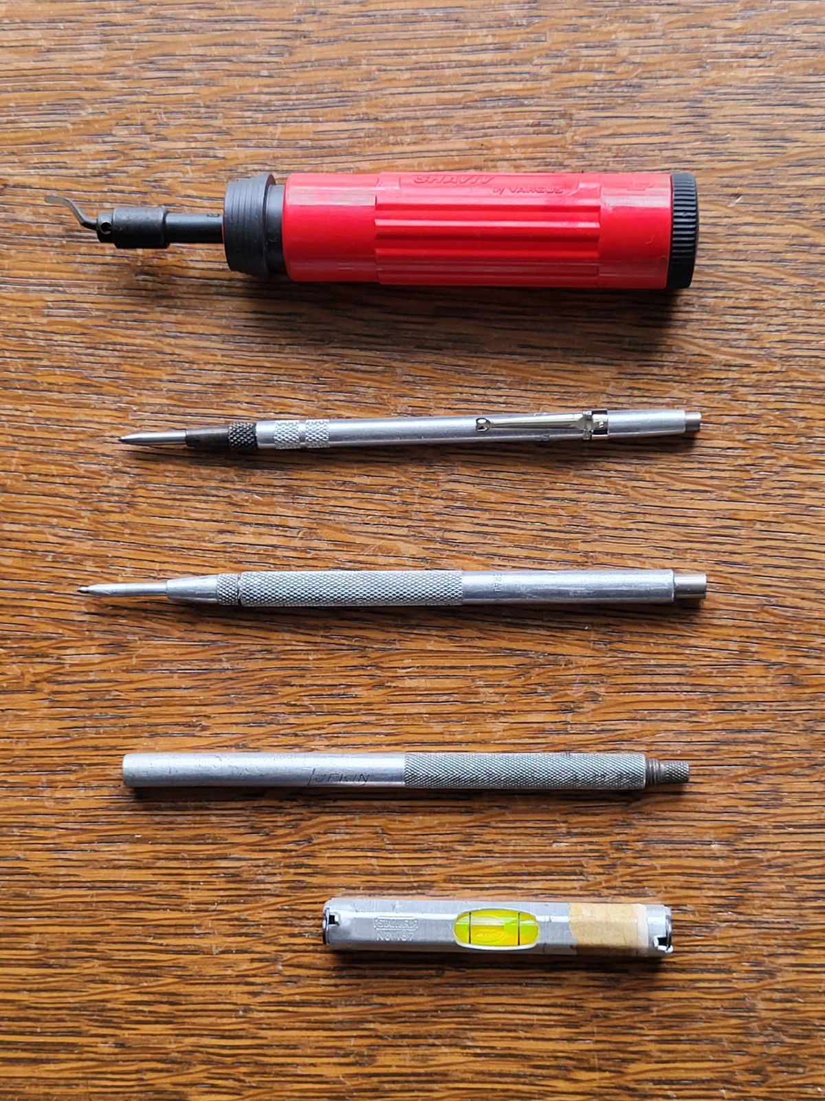 (5) Pocket Tools- (2) Scribers/ Magnetic Tool/Stanley Level/Shaviv Deburr Tool