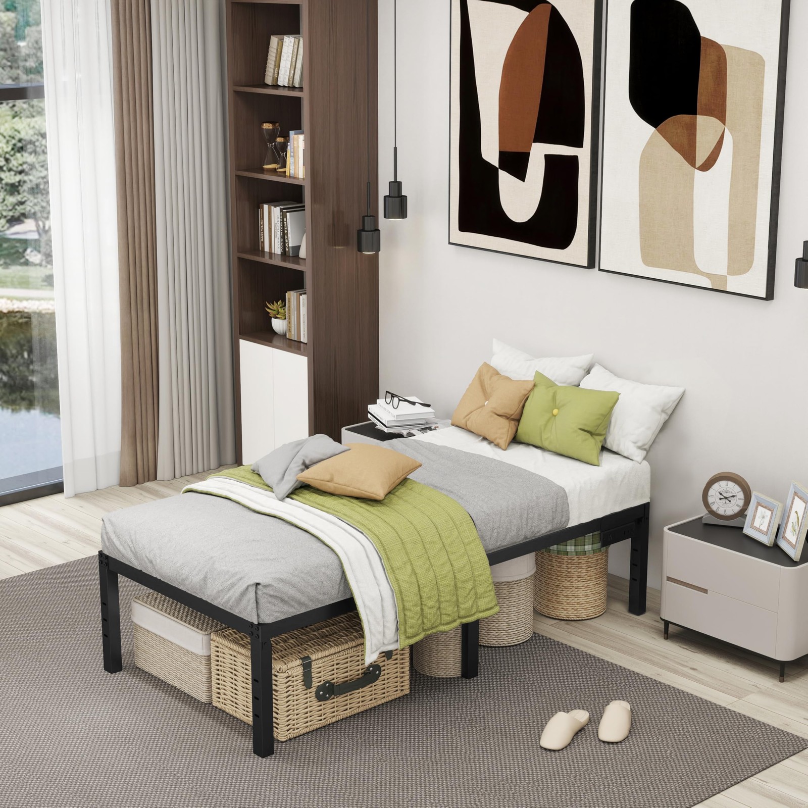 Twin Bed Frames 14 Inch Platform Bed Frame with Large Storage Space,Black Bed Fr