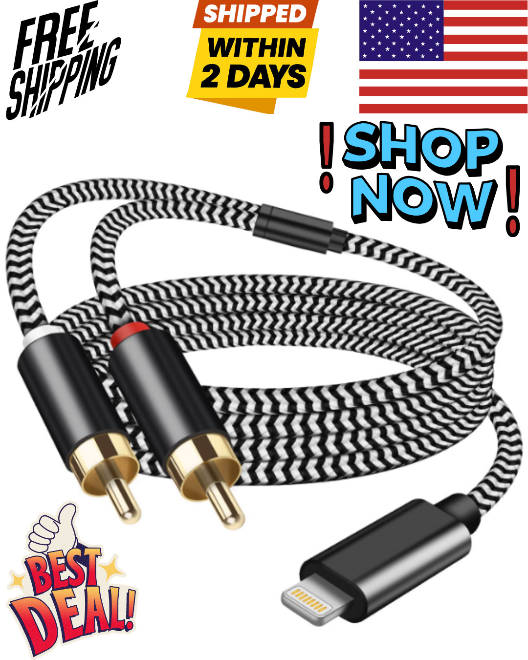 [MFi Certified] Lighting to RCA Cable Audio Aux Adapter, 3.3FT, Red,White