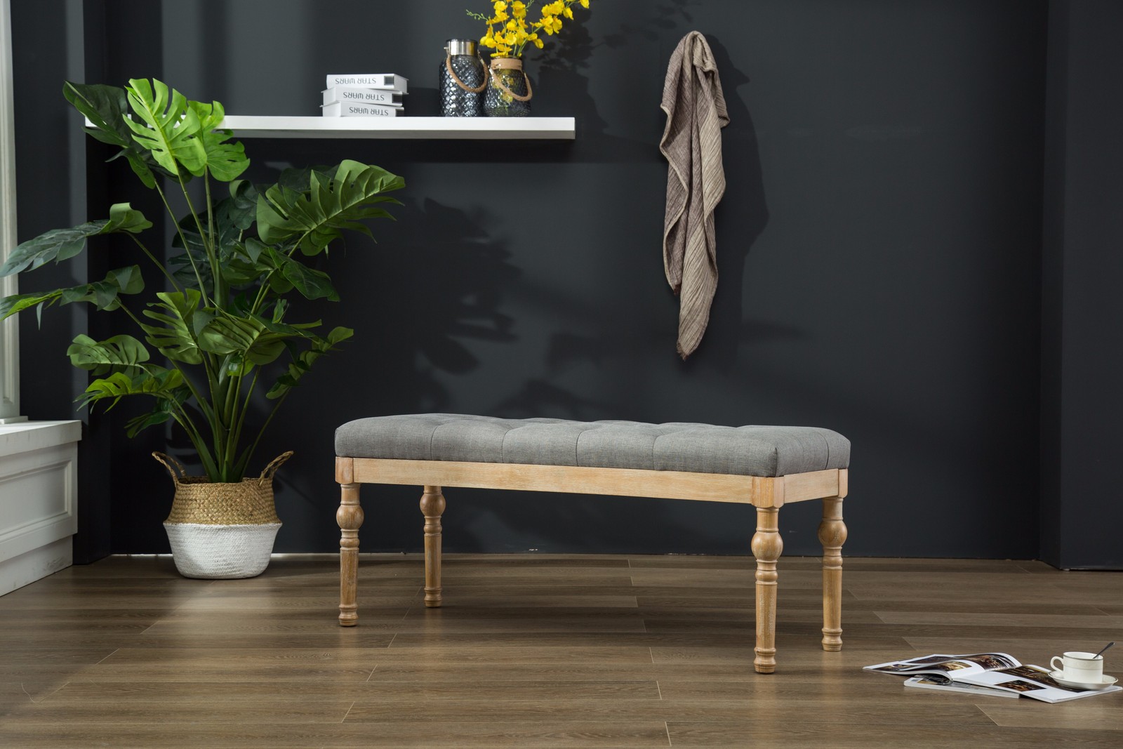 Habit Solid Wood Button Tufted Dining Bench, Grey