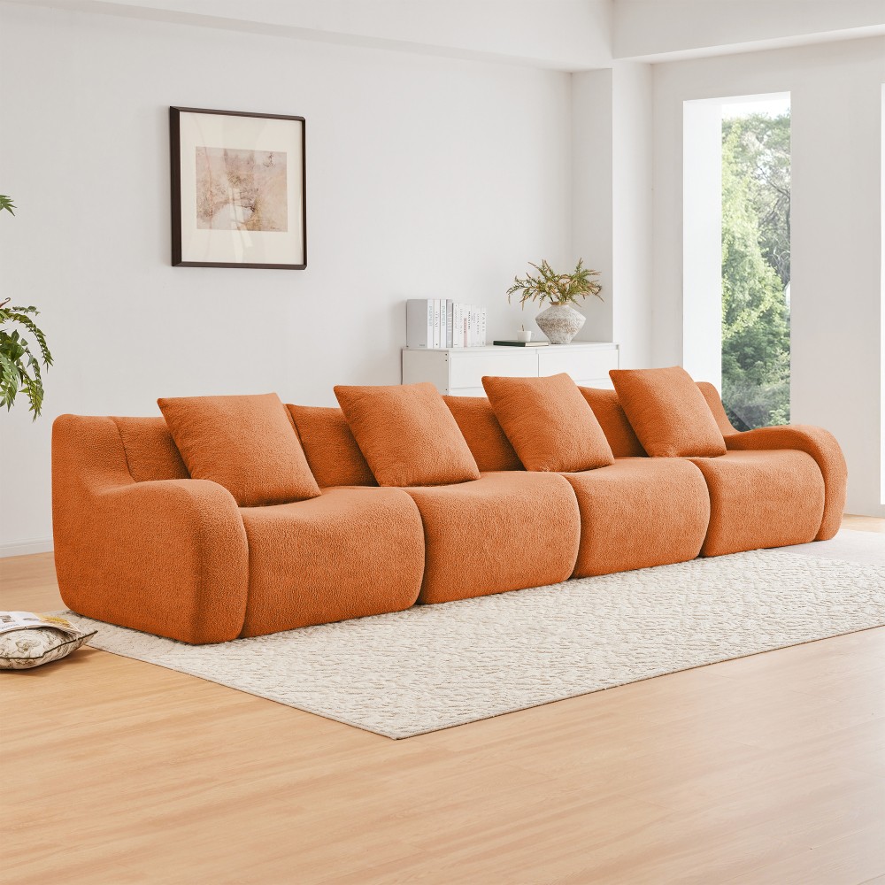 4-Seat Teddy Fabric Sofa, No Assembly Required w/ Curved Armrests, Orange