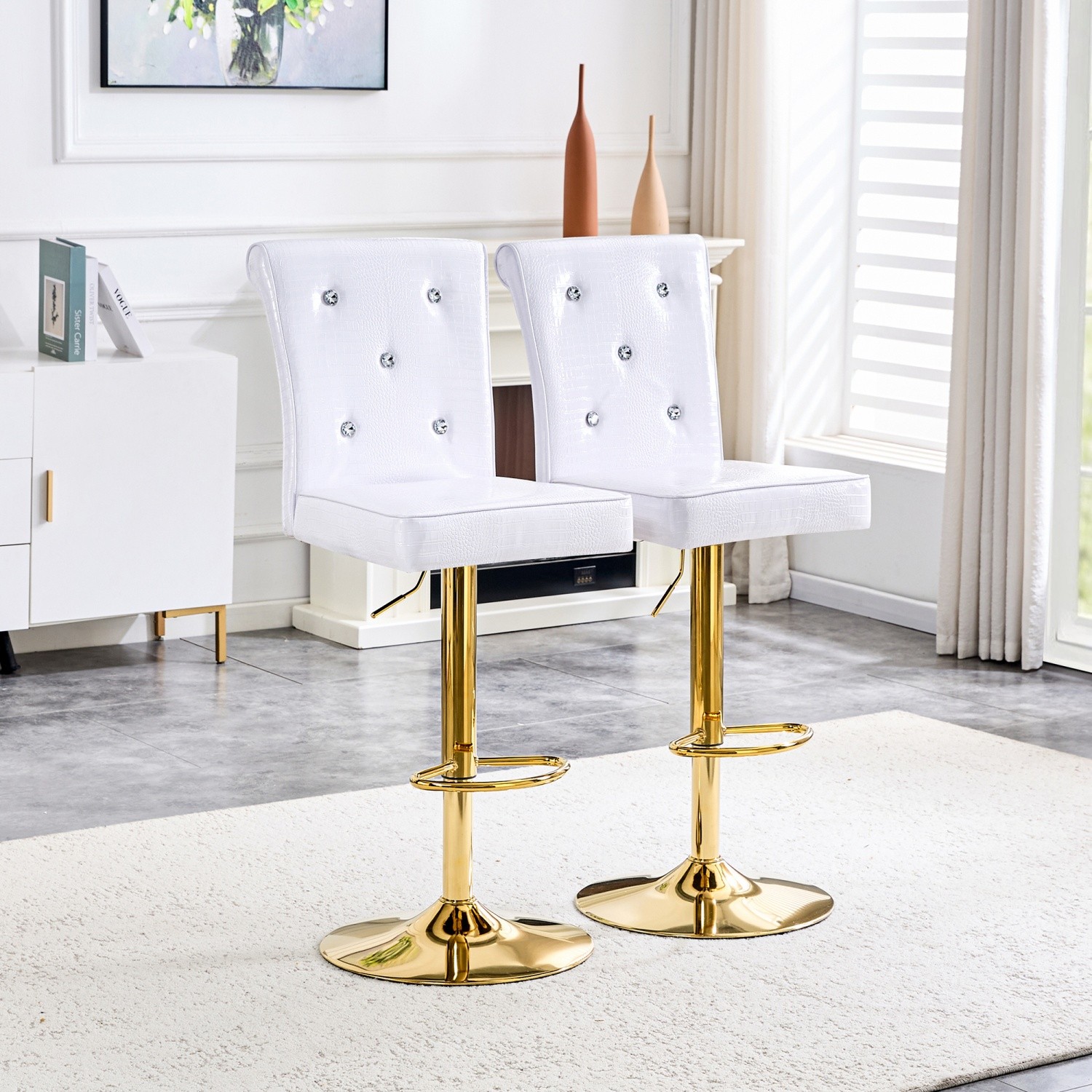 Adjustable Height Swivel Bar Stools Set of 2 Modern Leather w/ Gold Metal Base