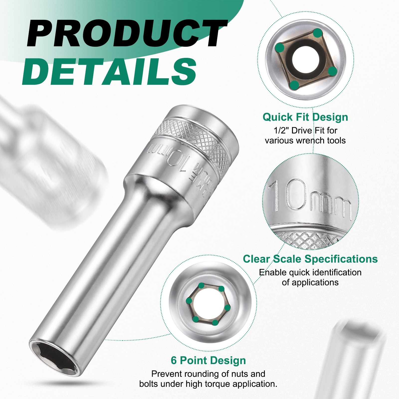2pcs 6 Points Deep Socket 1/2" Drive 10mm Nickel Plating Hex Socket 3.1" Long