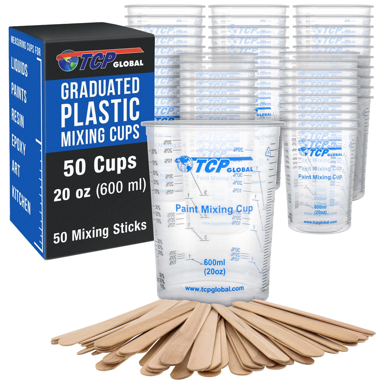 50 - 20 oz (600ml) Disposable Flexible Graduated Plastic Mixing Cups, 50 Sticks