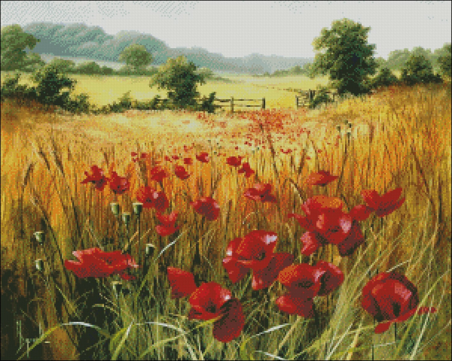 Poppies in the Field - DIY Chart Counted Cross Stitch Patterns Needlework DMC