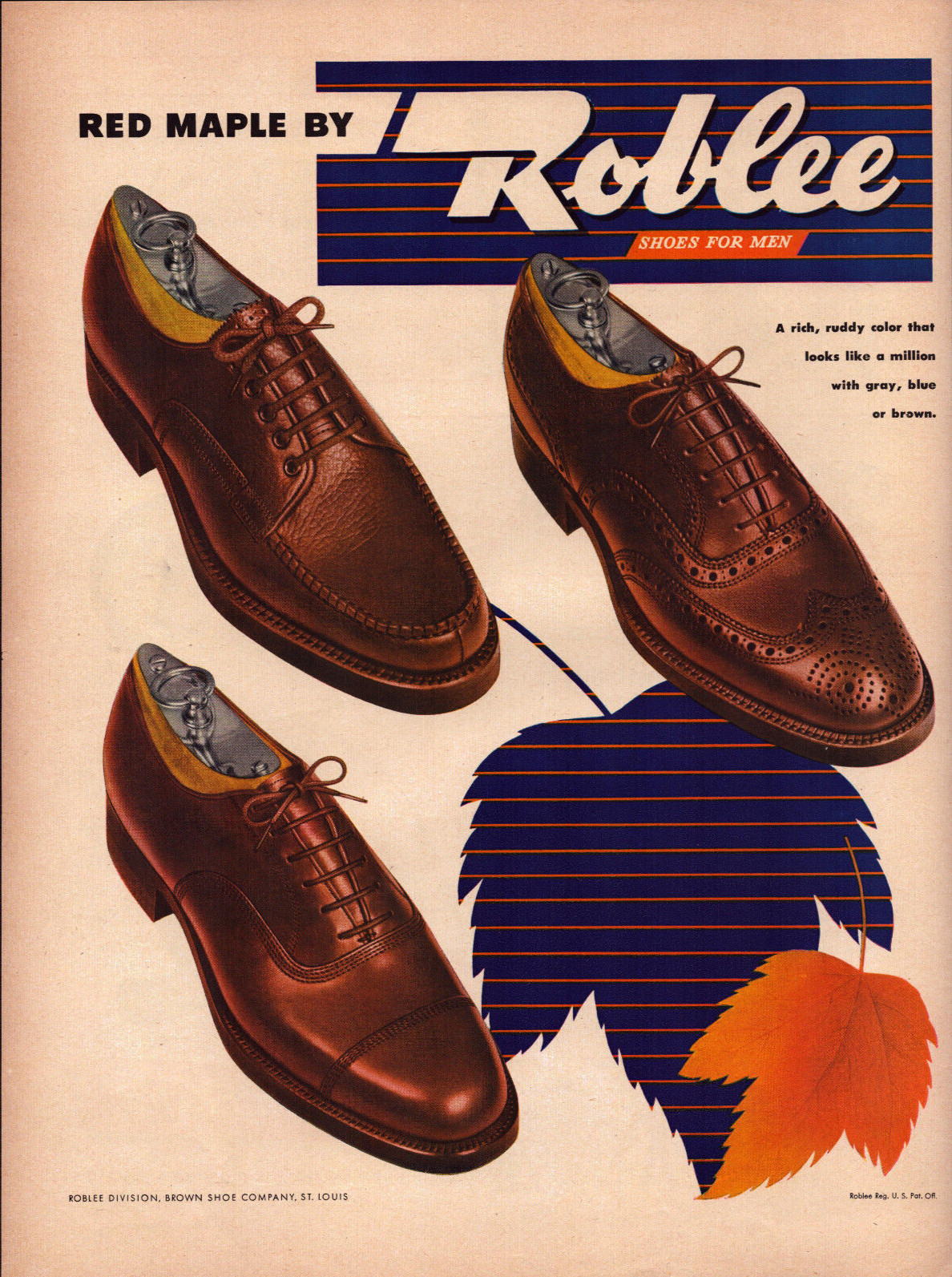 Roblee Shoes for Men St. Louis MO Red Maple Wing Tips Vintage Print Ad 1946