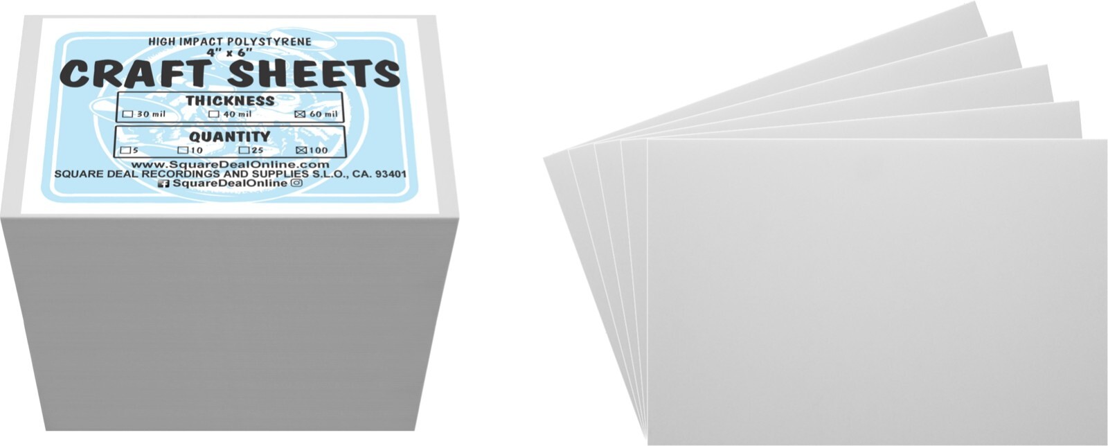 White Flex Plasticard Polystyrene Craft Sheets - 4"x6" - .060" thick - 100 Pack