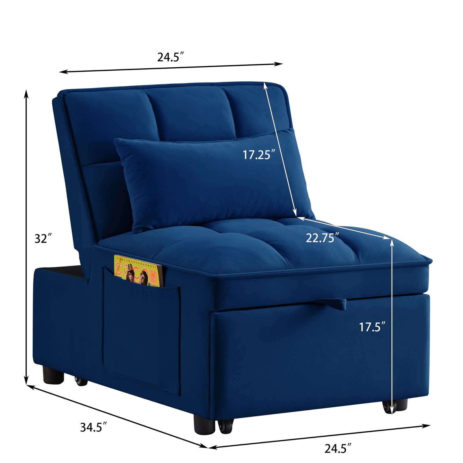 4 in1 Multi-Function Single Sofa Bed with Storage Pockets,Tufted Single Pull-
