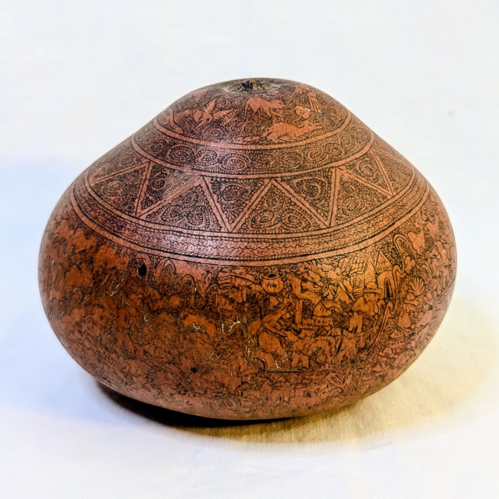 Vintage Peruvian Mate Burilado Hand Carved Gourd Intricate Village Life Art