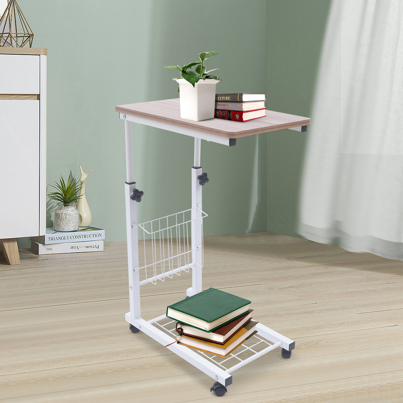 Bed Side Table Wheels Hospital Overbed Rolling Tray Sofa Side Desk Adjustable