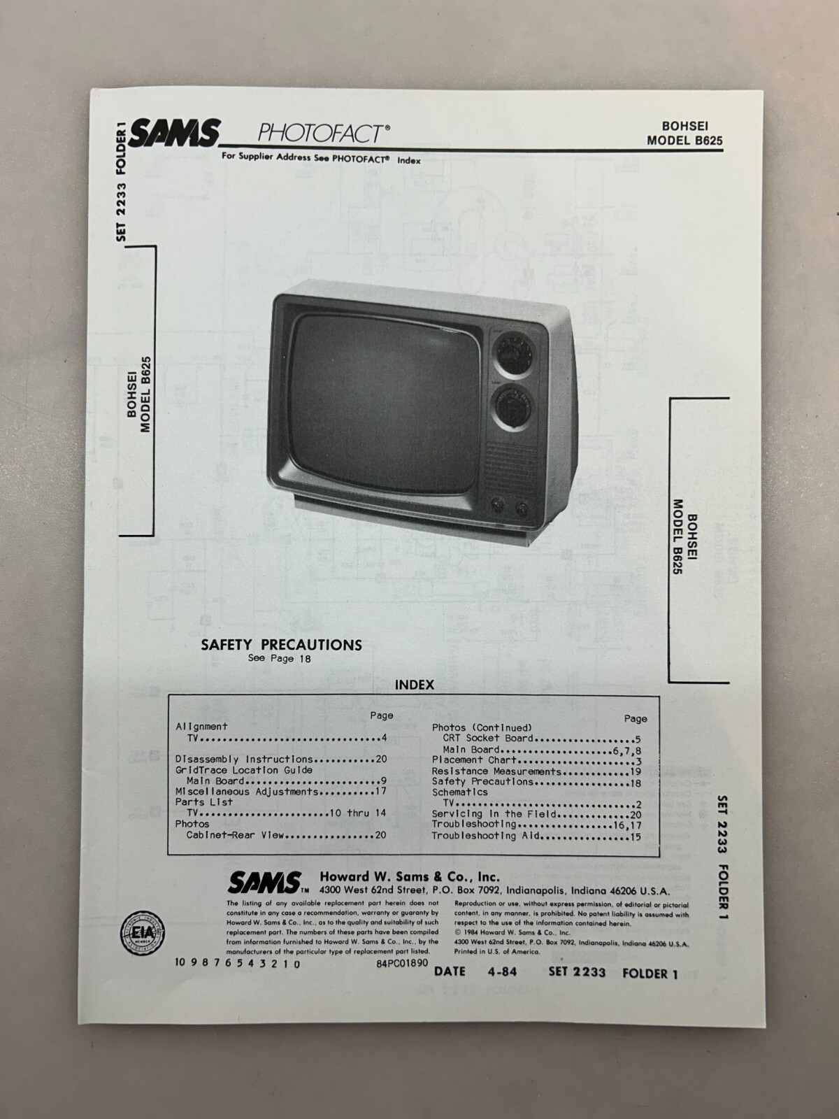 Bohsei B625 Service Manual Sams Photofact Free Shipping