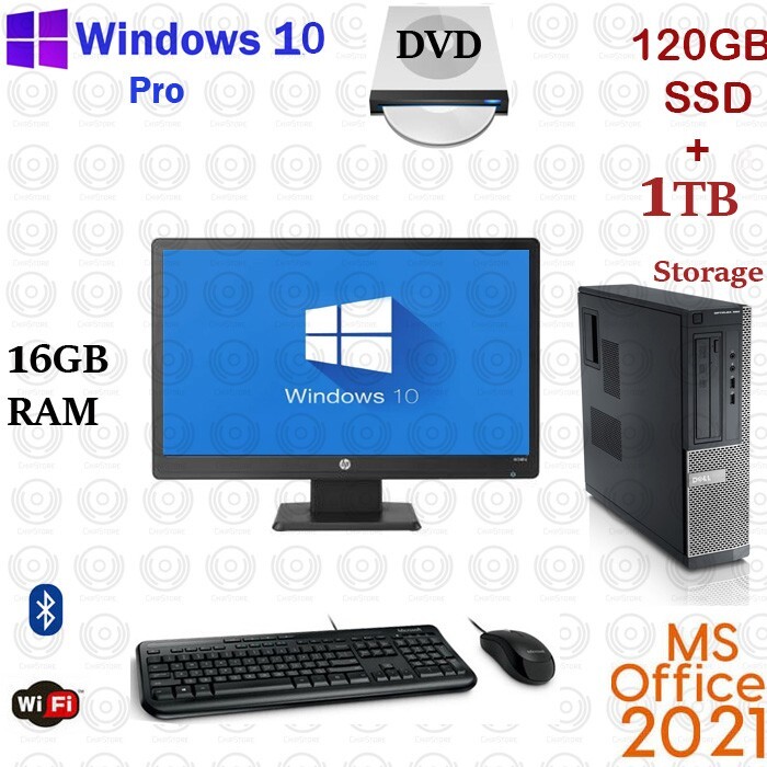 Win10 Dell i3 16GB RAM 1TB + 120GB SSD 20" LCD WiFi Desktop Computer PC Office21