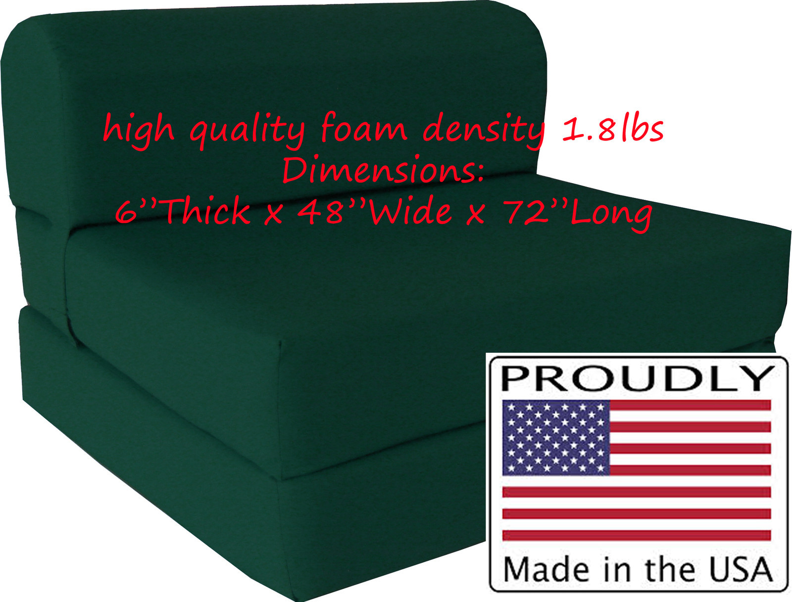 Full 6 x 48 x 72 Hunter Sleeper Chair Folding Foam Bed, Density Foam 1.8 lbs.