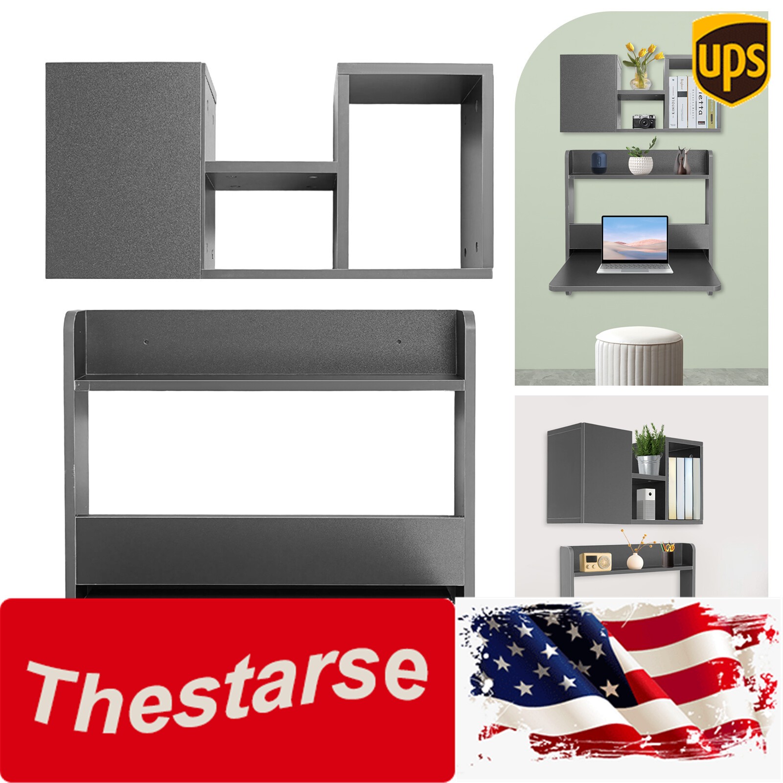 Rectangular Folding Space Saving Wall Mounted Table Fold Down Laptop Desk Grey