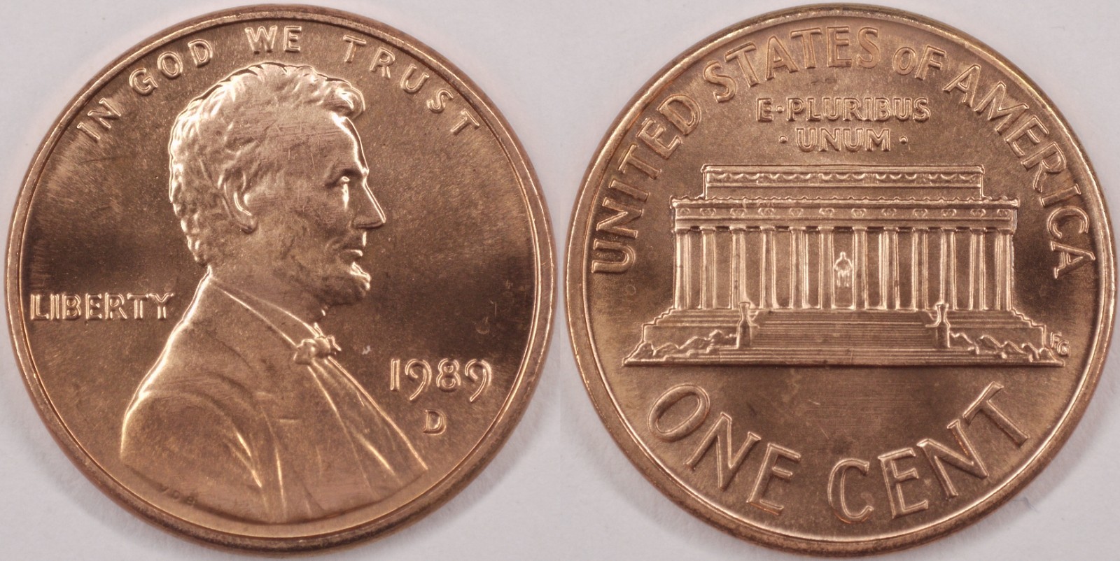 United States 1989 D 1 Cent Lincoln Memorial KM#201a Copper Plated Zinc