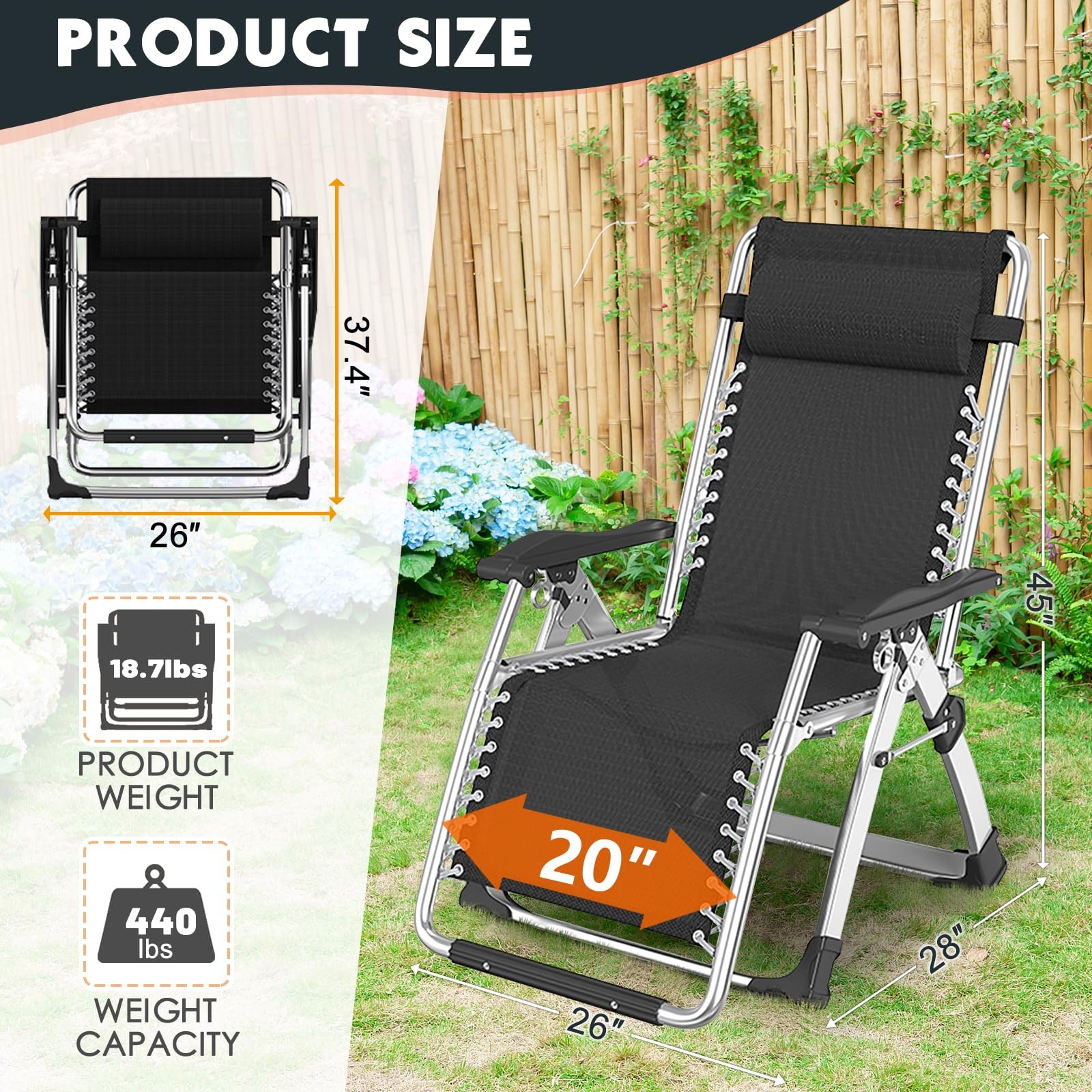 Zero Gravity Lounge Chair Outdoor Padded with Side Table Supports 440lbs