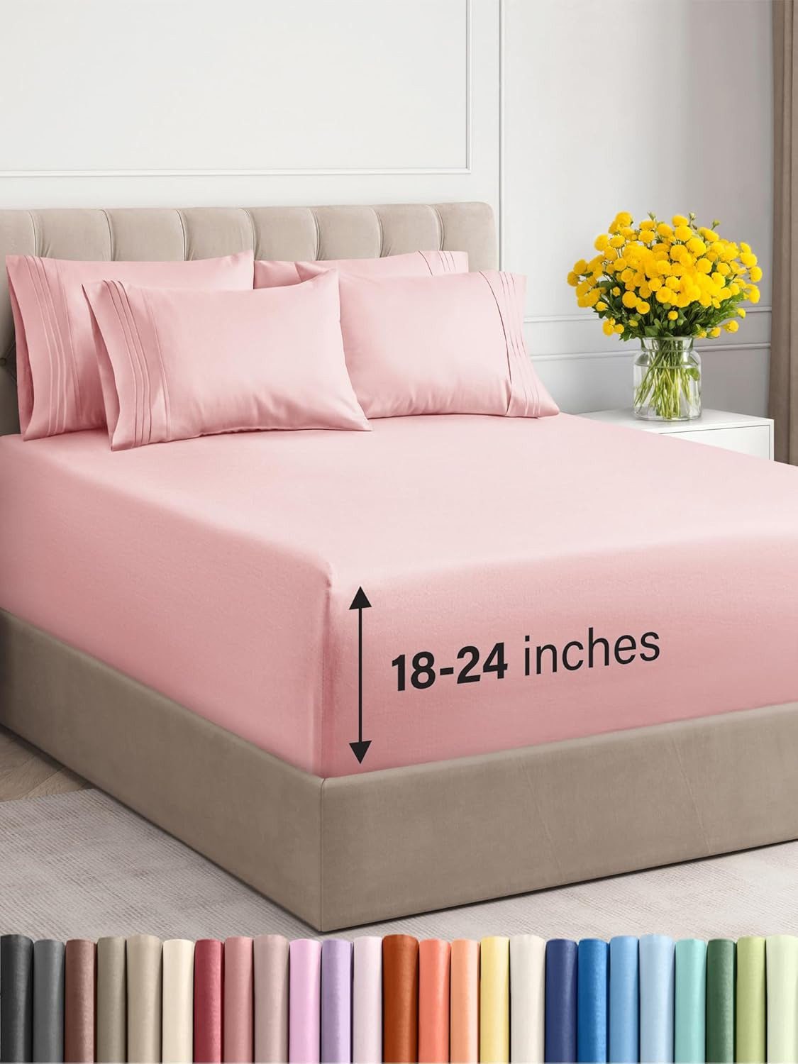Luxury Extra Deep Cal King Sheet Set - 6 Piece Cooling Baby Pink Bedding