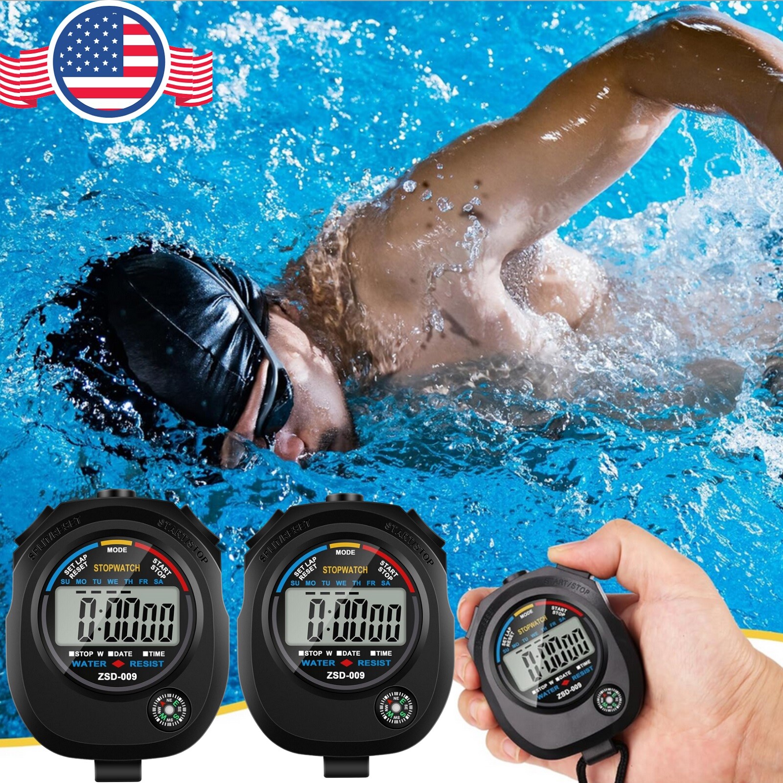 2× Digital Sports Stopwatch Timer Multi-Function Large Display Odometer Watch US