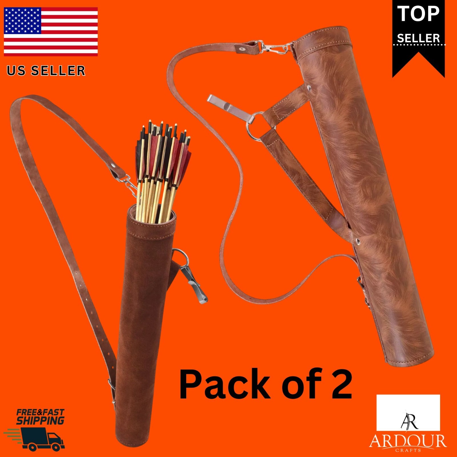 2X Back Arrow Quiver - Genuine Cow Leather Handmade Traditional Archery Arrow