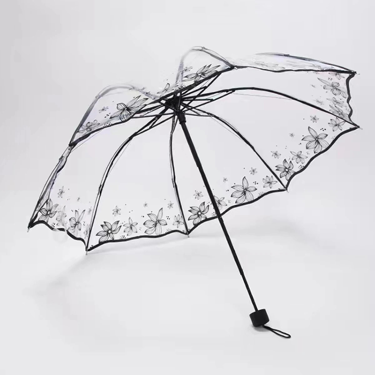 1pc Foldable Sun Manual Umbrella, Cute Clear Romantic Umbrella WithFlower Patter