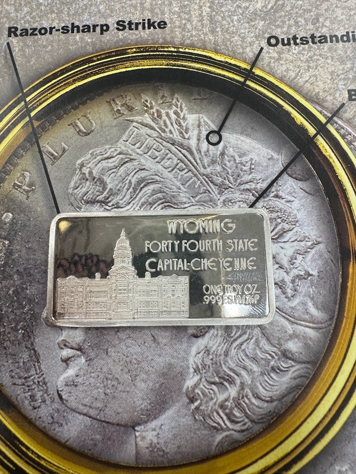 Wyoming 1890 44th State, 1 Troy oz .999 FINE Silver bar, CM-0156