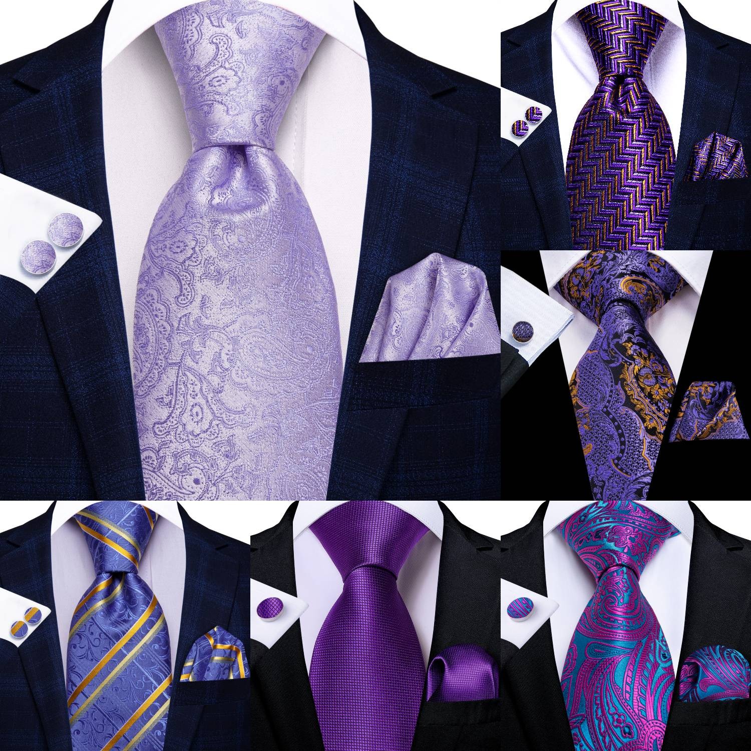 Men Tie 3 Pieces Necktie Pocket Square Cufflinks Multicol Wedding Party