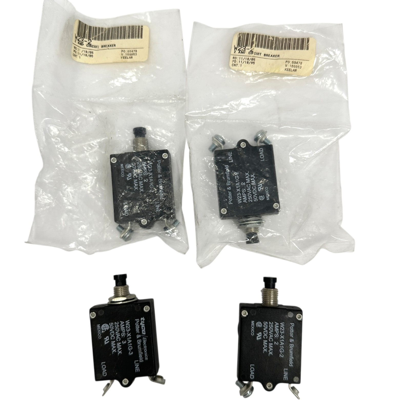 4 PC Tyco Potter & Brumfield W23 Aircraft Circuit Breakers 2A & 3A Lot W23-X1A1G