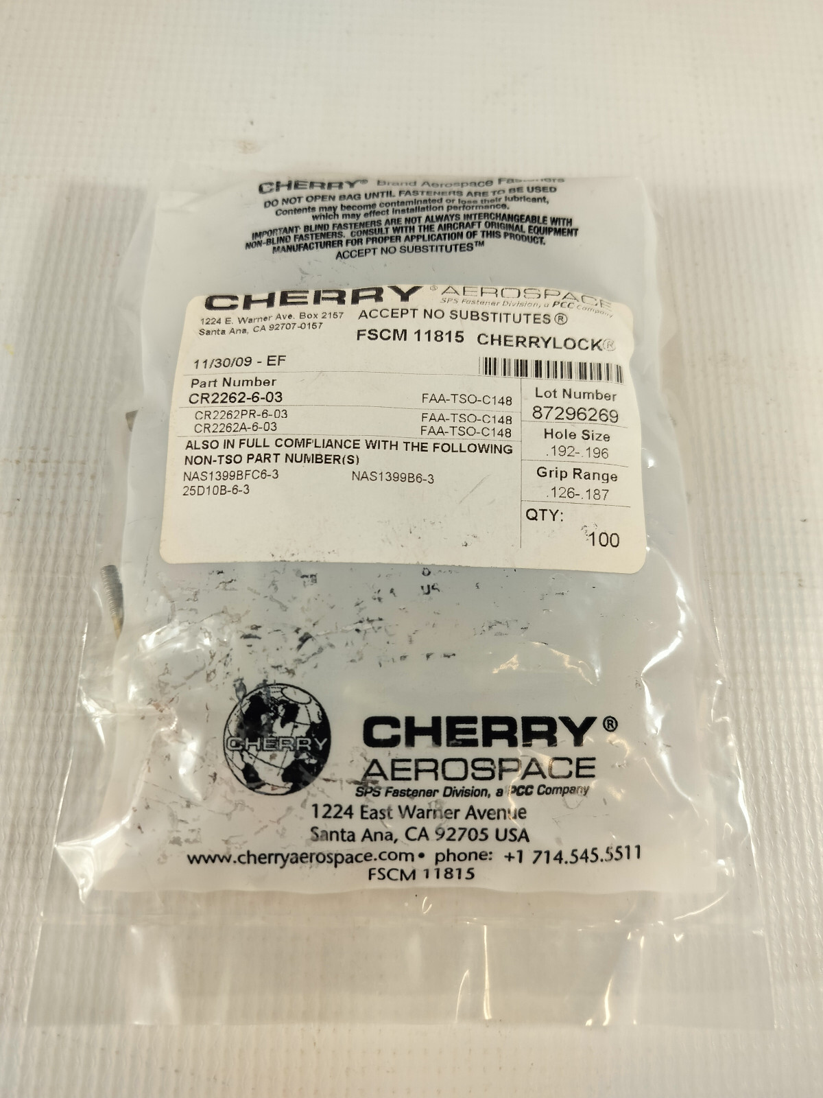 Cherry Aerospace CherryLock Rivets CR2262-6-03 / NAS1399B Quantity 100