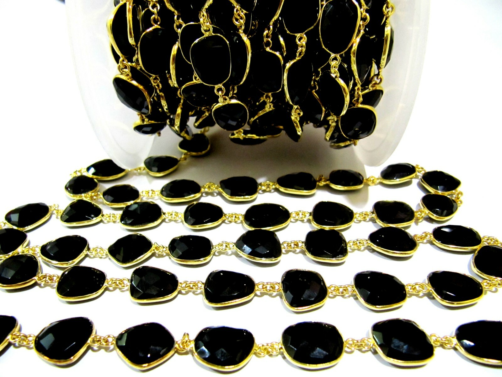 Natural Black Onyx Free Shape 10to15mm Briollete Connector Bezel Chain Per Foot
