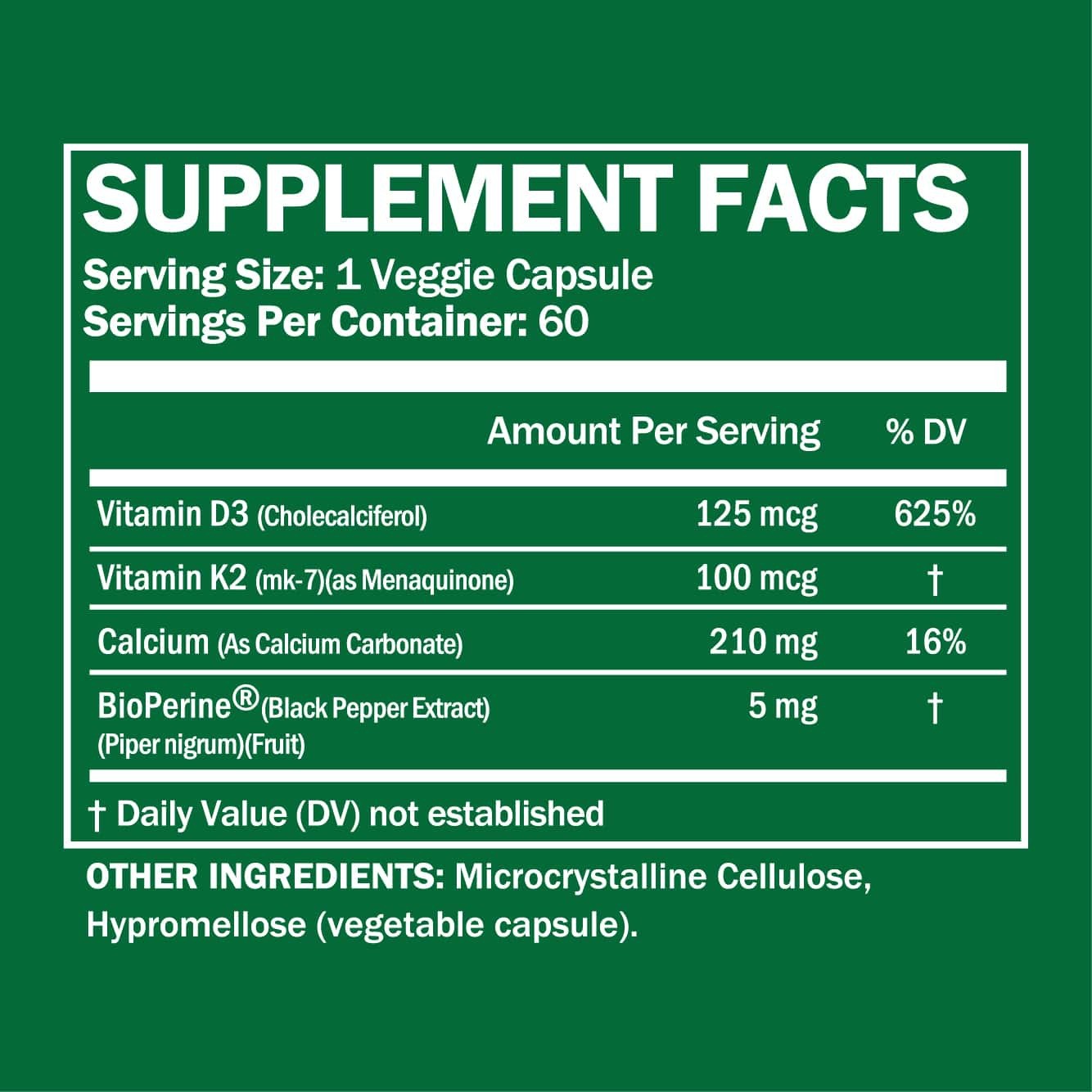 High Potency Vitamin D3 + K2 Supplement 60 Capsules