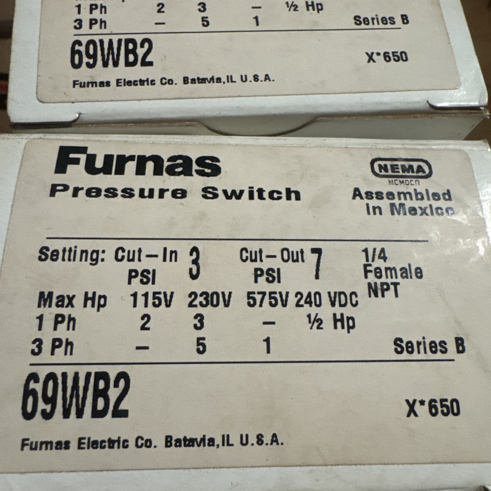 Furnas Pressure Switch 69WB2 Cut in 3 psi cut out 7 NEW ORIGINAL