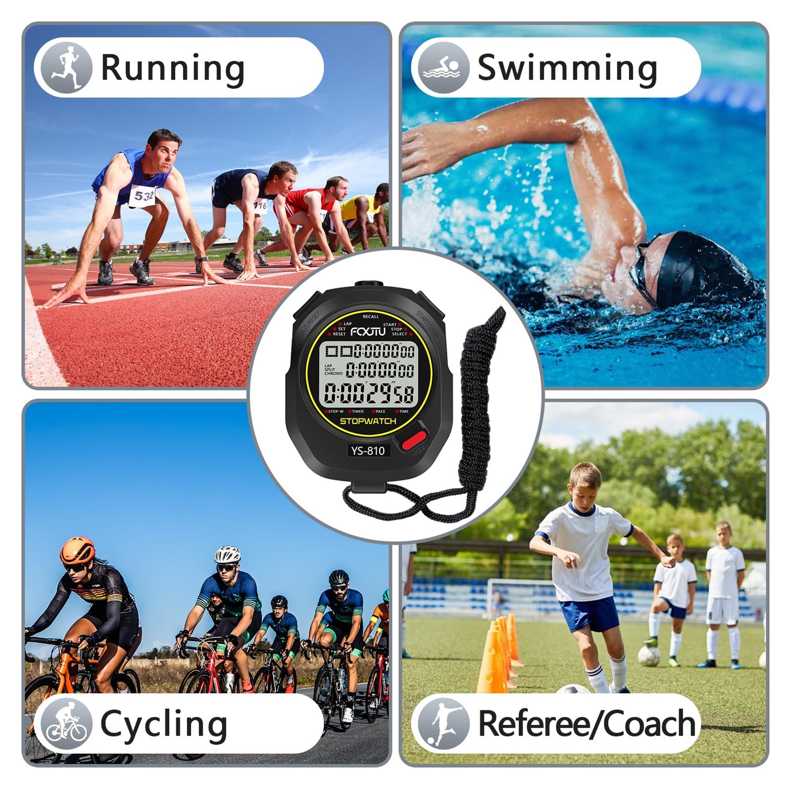 Professional Stopwatch Timer, 3-Row 10 Lap/Split Memory Count up/Down Timer, Ext
