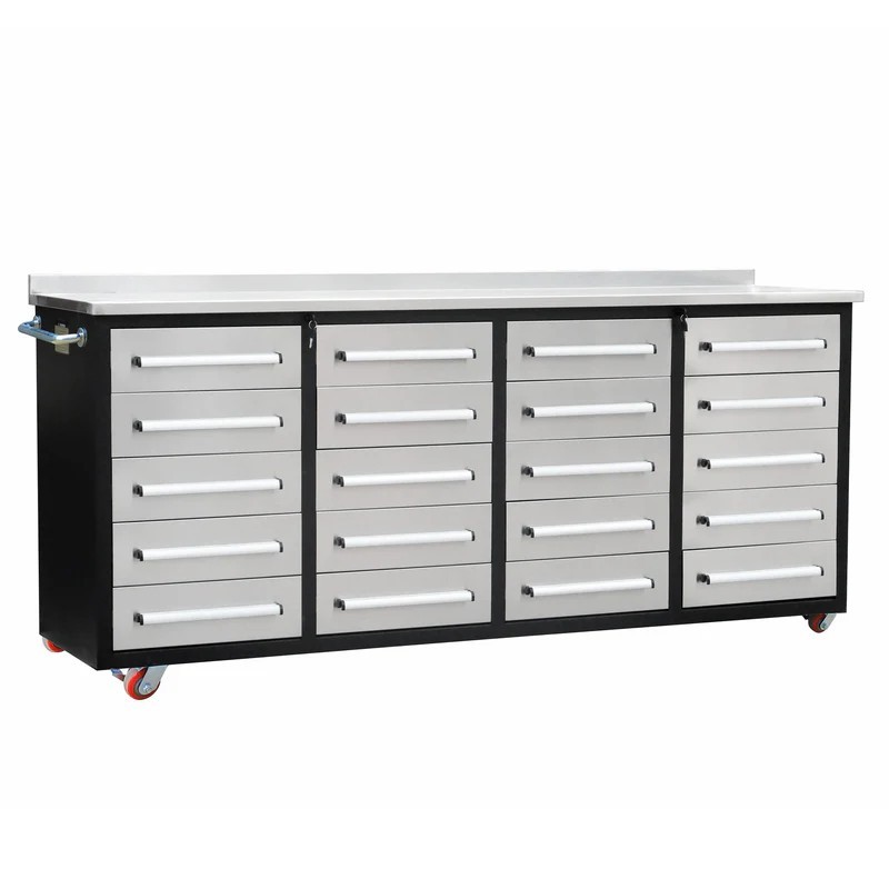 7FT Silver Pro Duty Steel Workbench Workstation 20-Drawer Tool Cabinet w/ Wheels