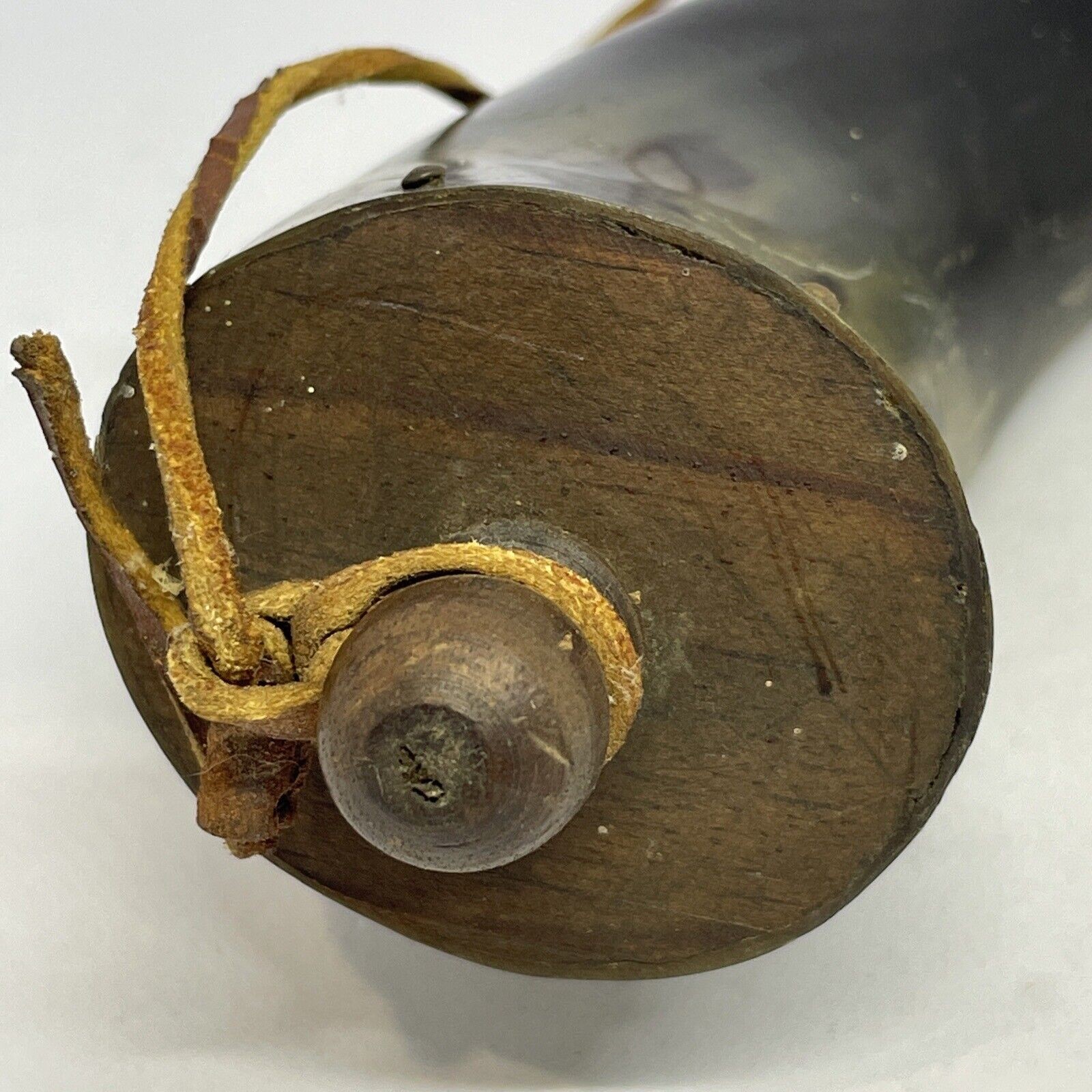 Vintage Black Powder Horn Flask 13" – Primitive Muzzleloader Style Leather Strap