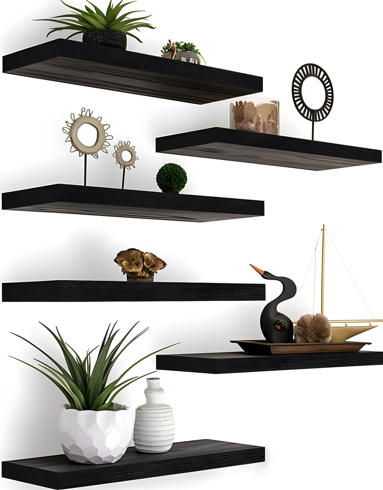 6 PCS Black Wood Floating Shelves for Wall Decor Rustic Set for Bedroom