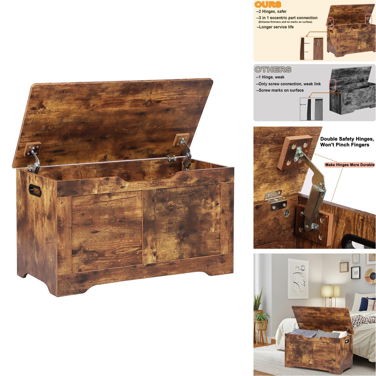 Timberer 31.5 Storage Chest Wooden Storage Bench Lift Top Toy Chest 2 Safety