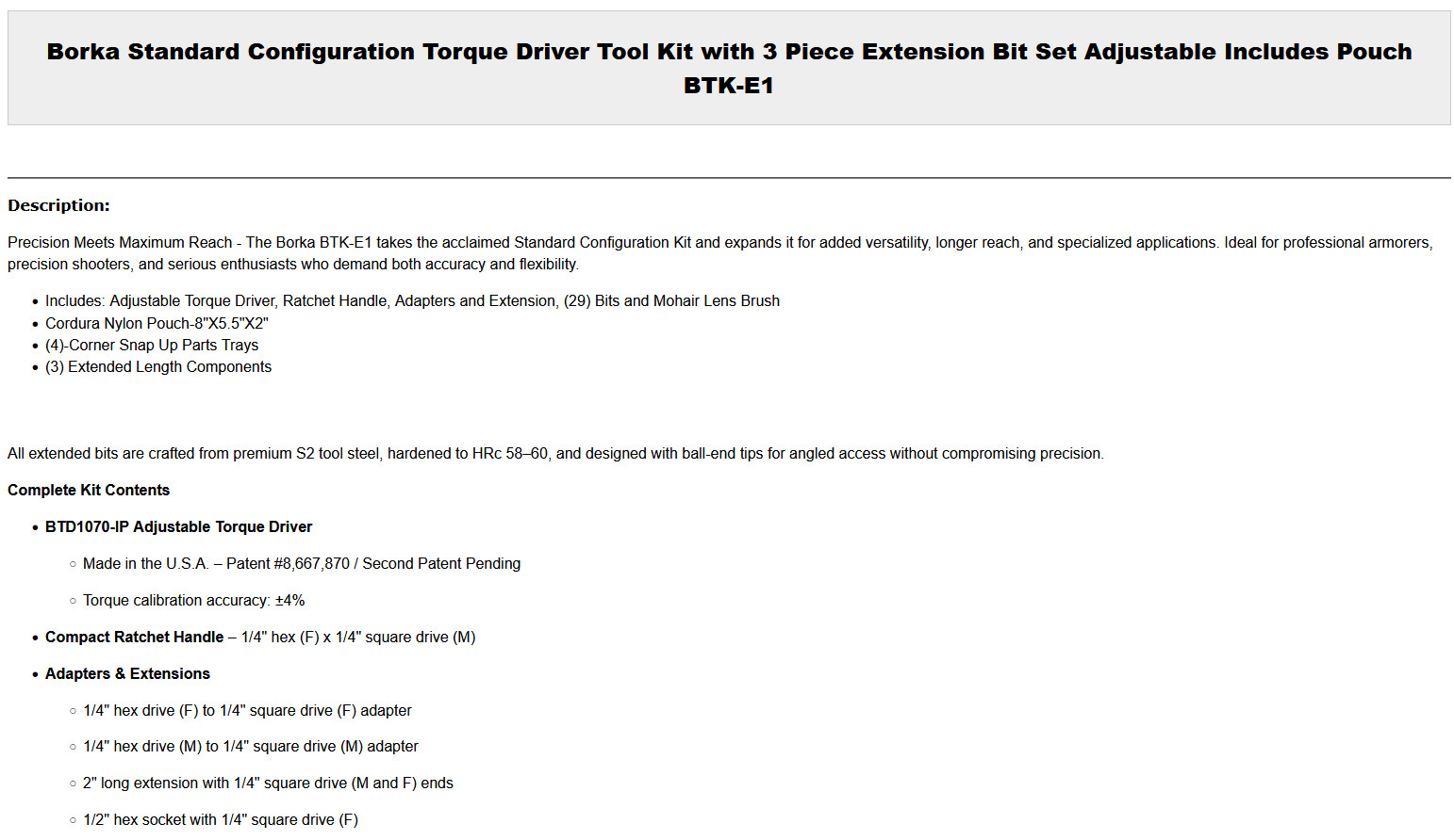 Borka Standard Configuration Torque Driver Tool Kit w/ 3 Pc Ext. Bit Set BTK-E1