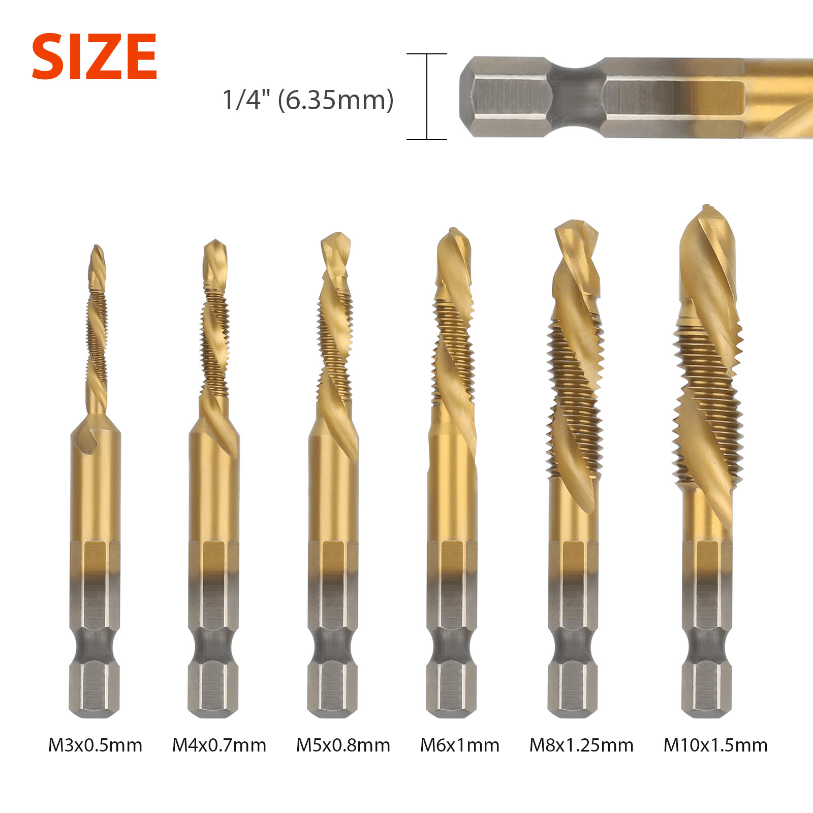 6PCS 1/4" HSS Hex Shank Titanium Plated Screw Thread Drill Bits Set M3 - M10 Tap