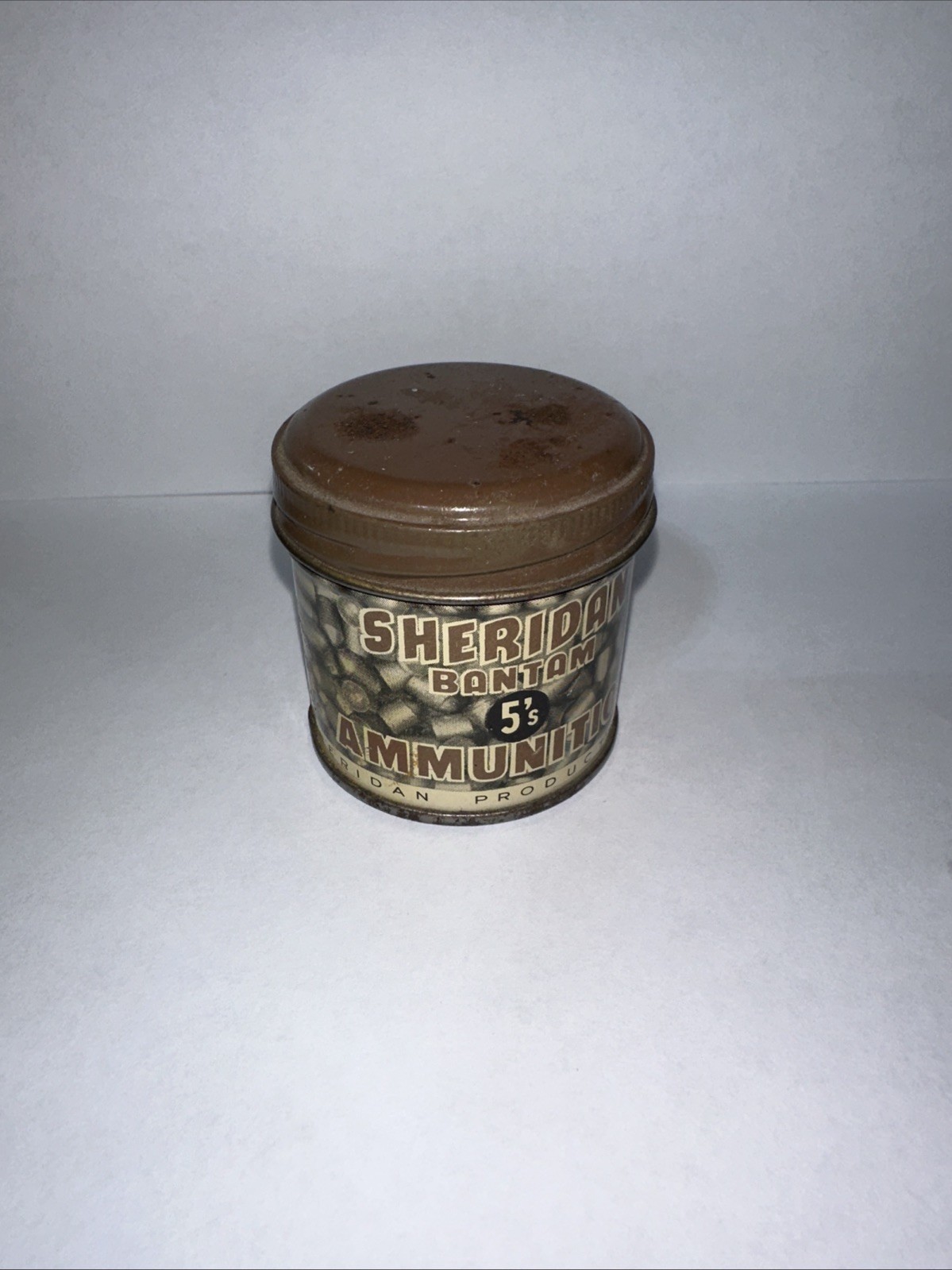 Vintage Sheridan BANTAM  5's Pellet Tin 5mm 20 cal Brown Advertising w/Pellets