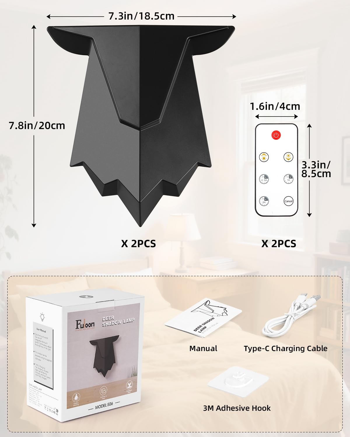 Antler Night Light with Remote Control, Adjustable Deer Wall Lamp Battery Ope...